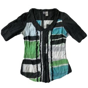 BKE Buckle Blouse Sz Small Button Front Polka Dot Elbow Sleeve Green Blue Light